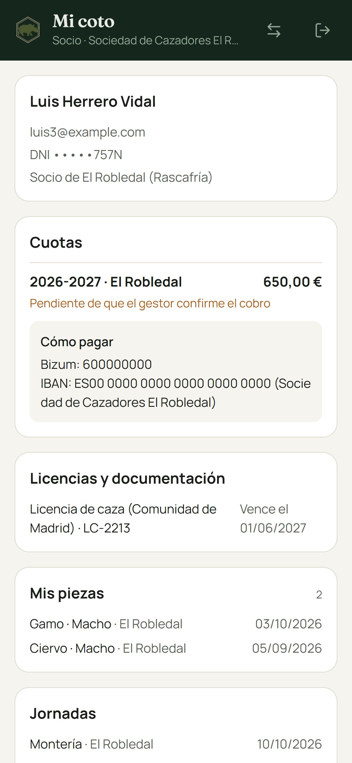 Portal del socio en el móvil con su cuota y sus piezas
